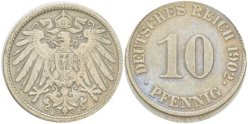 Германия 10 пфеннигов 1902 J KM 12, J. 13, Weege 8 медно-никель 259-834
