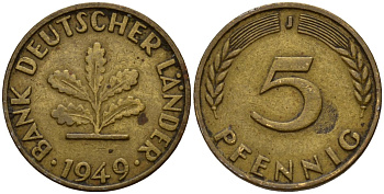 ФРГ 5 пфеннигов 1949 J KM 102 сталь плакированная бронзой 4189-848