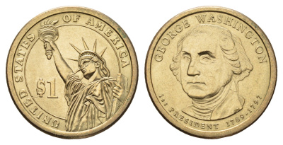 США 1 доллар 2007 D, Президент США - Джордж Вашингтон (1789-1797) KM 401 медь с марганцево-латунным покрытием UNC 106-1246