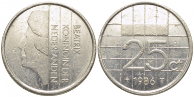 НИДЕРЛАНДЫ 25 ЦЕНТОВ 1986 БЕАТРИКС KM 204 никель 112-324
