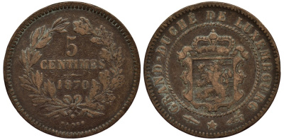 Люксембург 5 сантимов 1854 Barth, Виллем III Нидерландский (1849-1890) KM 22.1 бронза 4538-741