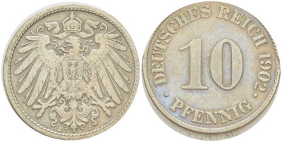 Германия 10 пфеннигов 1902 J KM 12, J. 13, Weege 8 медно-никель 259-834