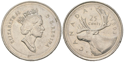 Канада 25 центов 1993 Елизавета II (1952-2022), олень KM 184 никель 4382-1216