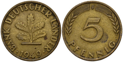 ФРГ 5 пфеннигов 1949 J KM 102 сталь плакированная бронзой 4189-848