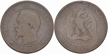 ФРАНЦИЯ 10 САНТИМОВ 1856 K, НАПОЛЕОН III (1852-1870) KM 771.5, LE FRANC 133.36 бронза 38-1225