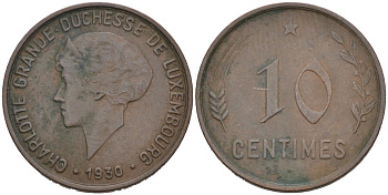 Люксембург 10 сантимов 1930 Шарлотта (1918-1964) KM 41 бронза 4571-436