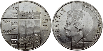 Нидерланды 10 гульденов 1994 50 лет Бе-Ни-Люкс, три здания парламентов KM 216 серебро 1524-944