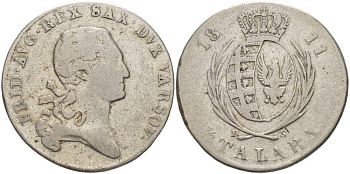 Польша, Великое Герцогство Варшавское 1/3 талера (2 злотых) 1811 IS, Фридрих Август I, король Саксонии великий герцог Польши (1807-1814), вес 8,47 г KM 86, Gumowski 2468 серебро 00-813-24