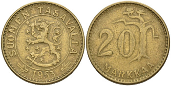 Финляндия 20 марок 1953 Н KM 39 алюминиевая бронза 4571-427