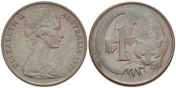 АВСТРАЛИЯ 1 ЦЕНТ 1970 ЕЛИЗАВЕТА II, МОЛОДОЙ ПОРТРЕТ, ОПОССУМ КМ 62 бронза 3851-1069