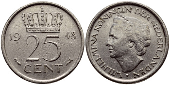 НИДЕРЛАНДЫ 25 ЦЕНТОВ 1948 ВИЛЬГЕЛЬМИНА KM 178 никель 46-139