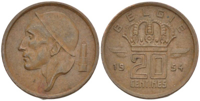 БЕЛЬГИЯ 20 САНТИМОВ 1954 BELGIE KM 147.1 бронза 4528-913