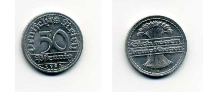 ГЕРМАНИЯ 50 ПФЕННИГОВ 1921 D KM 27, J. 301 алюминий 29-326