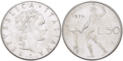 ИТАЛИЯ 50 ЛИР 1976 R, КУЗНЕЦ, ВУЛКАН БОГ ОГНЯ, ДИАМЕТР 25 ММ. KM 95.1 нержавеющая сталь 113-234