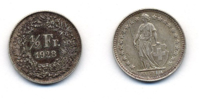 Швейцария 1/2 франка 1928 В KM 23 серебро 00-00