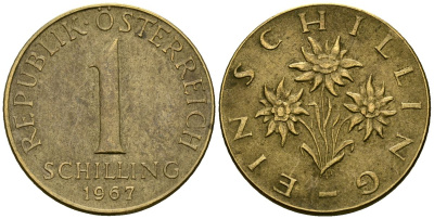 Австрия 1 шиллинг 1967 KM 2886 алюминиевая бронза 4135-154