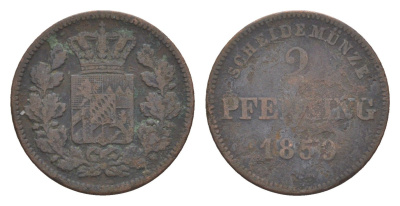 Бавария 2 пфеннига 1859 Максимилиан II (1848-1864) KM 857 медь 4649-511