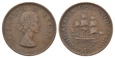ЮАР 1 пенни 1954 Елизавета II (1952-2022), парусник KM 46 бронза 4123-1034