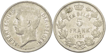 БЕЛЬГИЯ 5 ФРАНКОВ 1931 АЛЬБЕРТ I, DER BELGEN KM 98 никель 3851-326