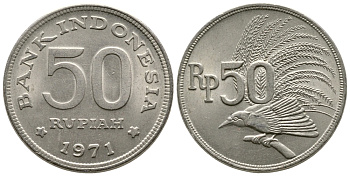 Индонезия 50 рупий 1971 райская птица KM 35 медно-никель UNC 93-1152