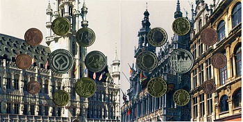 Бельгия евронабор из 8 монет + жетон 2004 Гран-Плас, рыночная площадь в центре Брюсселя, в оригинальном буклете    UNC биметалл 6-5-3-25