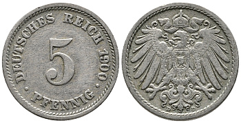 ГЕРМАНИЯ 5 ПФЕННИГОВ 1900 D KM 11, J. 12 медно-никель 39-745