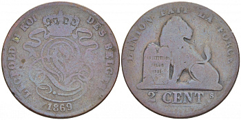 БЕЛЬГИЯ 2 САНТИМА 1869 BELGES KM 35.1 медь 110-144