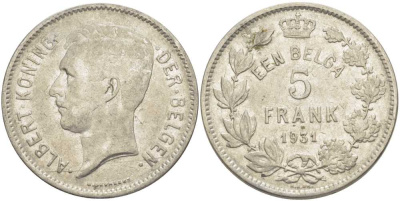 БЕЛЬГИЯ 5 ФРАНКОВ 1931 АЛЬБЕРТ I, DER BELGEN KM 98 никель 3851-326