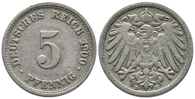 ГЕРМАНИЯ 5 ПФЕННИГОВ 1900 D KM 11, J. 12 медно-никель 39-745