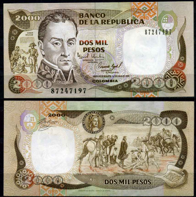 Колумбия 2000 песо 1993 Banco de la Republica, портрет Симона Боливара, перевал у Парамо-де-Писба Pick 439 a бумага UNC (пресс)   447-22-3