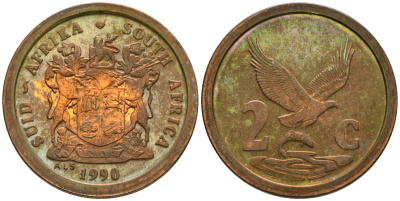 ЮАР 2 цента 1990 KM 133 сталь плакированная медью PROOF 00-000-00