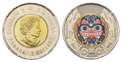 Канада 2 доллара 2020 100 лет со дня рождения Билла Рида, Цветное покрытие KM ?2925.1 биметалл UNC 108-1214
