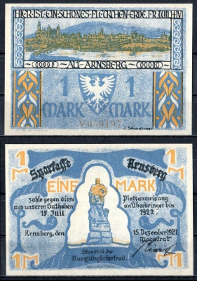 Арнсберг (Пруссия, Вестфалия) 1 марка 1921 Mehl Grabowski 42.1-2/3 бумага UNC (пресс) 7556-8-2-2