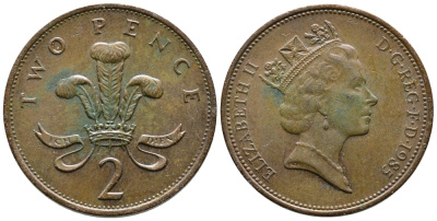 Великобритания 2 пенса 1985 Елизавета II (1952-2022) KM 936, Spink 4376 (C3) бронза 87-744