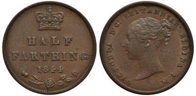 Великобритания 1/2 фартинга 1844 Виктория (1837-1901) KM 738, Spink 3951 медь 1523-1213