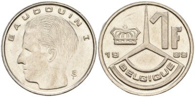 Бельгия 1 франк 1989 Belgique, Бодуэн I (1951-1993) KM 170 железо плакированное никелем 4608-435