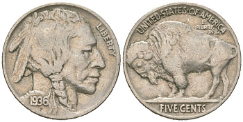 США 5 центов 1936 индеец, бизон KM 134 медно-никель 4614-1233