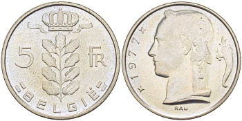 БЕЛЬГИЯ 5 ФРАНКОВ 1977 BELGIE, БОДУЭН I (1951-1993) KM 135.1 медно-никель 4364-1412