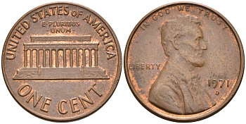 США 1 цент 1971 D, Линкольн KM 201 медь цинк 4115-914