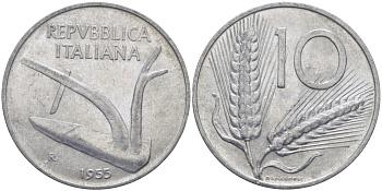 ИТАЛИЯ 10 ЛИР 1955 R, КОЛОСЬЯ, ПЛУГ KM 93 алюминий 28-125