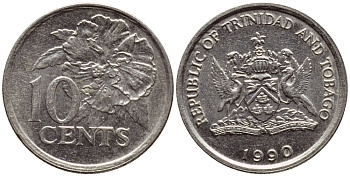 Тринидад и Тобаго 10 центов 1990 цветок гибискуса KM 31 медно-никель 4396-914