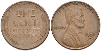 США 1 ЦЕНТ 1951 D, ЛИНКОЛЬН KM А132 медь цинк 218-959