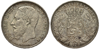 Бельгия 5 франков 1873 Леопольд II (1865-1909), ПОЗИЦИЯ А KM 24 серебро 1529-1044