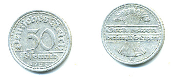 ГЕРМАНИЯ 50 ПФЕННИГОВ 1920 А KM 27, J. 301 алюминий 4381-454