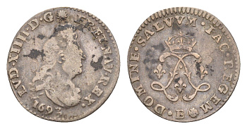 Франция 4 соля 2 денье 1693 E, Людовик XIV (1643-1715) KM 281 серебро 1515-341