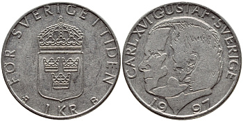 Швеция 1 крона 1997 Карл XVI Густав (1973- ) KM 852a медно-никель 4382-1246
