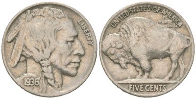 США 5 центов 1936 индеец, бизон KM 134 медно-никель 4614-1233