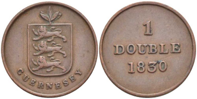 Гернси 1 дабл (дубль) 1830 KM 1 медь 3996-1066