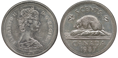 Канада 5 центов 1987 Елизавета II (1952-2022), бобер KM 60.2 a медно-никель  UNC  4588-1165
