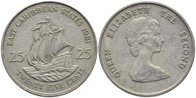 Восточно-Карибские штаты 25 центов 1981 Елизавета II (1952-2022), парусник KM 14 медно-никель 87-822
